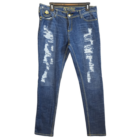 House of Deréon Denim - Dereon Womens Size 13/14‎ Distressed Stretch Skinny Blue Denim Jeans Grunge